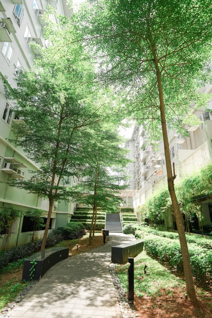 The walk path beside the condo unit with large trees on the side.